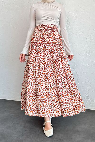 InStyle Flora Pattern Orange Viscose Skirt