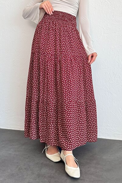 InStyle Floral Elastic Waist Viscose Burgundy Skirt