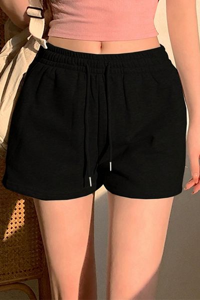Tarz Cool Pantaloni scurți pentru femei, din bumbac negru, cu două fire, cu talie moale, cu elastic Gipe