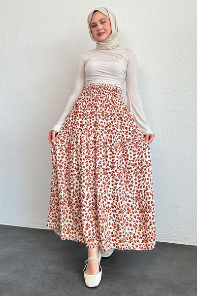 InStyle Flora Pattern Orange Viscose Skirt