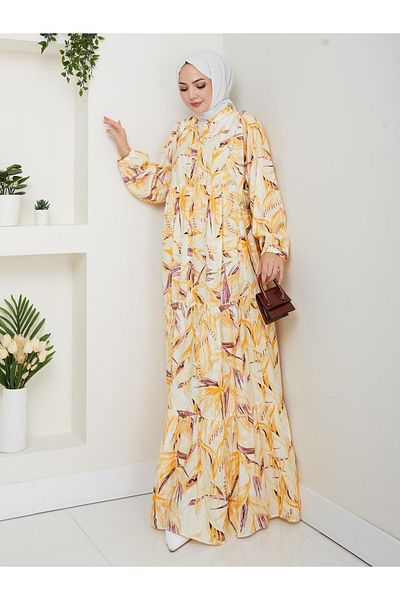 HARMAN BUTİK Women's Buttoned Patterned Modal Yellow Dress