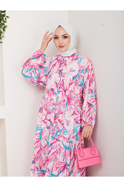 HARMAN BUTİK Women's Buttoned Patterned Modal Red Dress