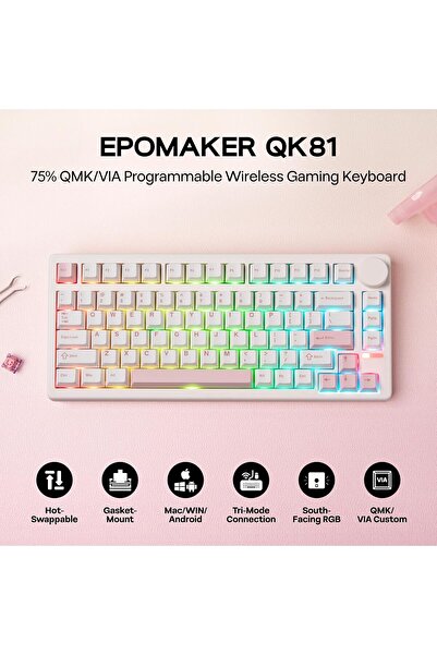 Epomaker لوحة مفاتيح الألعاب الميكانيكية اللاسلكية QK81 75%، قابلة للبرمجة والتبديل السريع بتقنية QMK/VIA، 81 كيلو هرتز