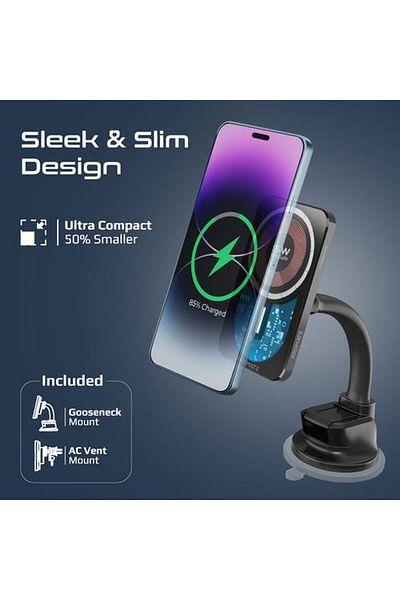 Promate The ultimate in-car wireless charging experience with a 15W fast charger. It can be mounted through the air vent.