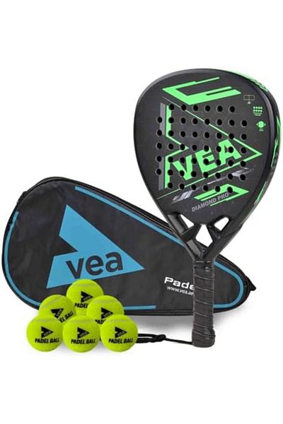 VEA Diamond Pro Padel Racket with 2 Tubes of Balls – Carbon Fiber Racquet, EVA Core, 6 High-Bounce