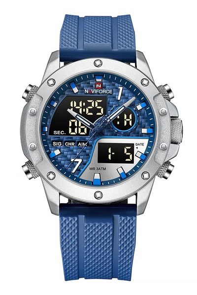 Naviforce Mens Blue Dial Silver Case Blue Rubber Strap Watch Analog Digital Quartz Waterproof Chronograph