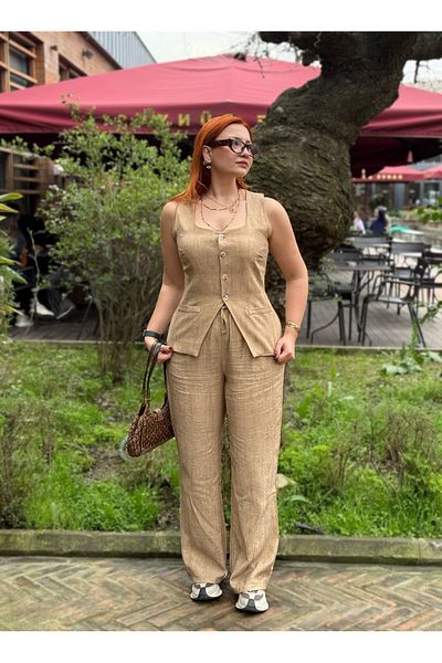 Tumtum Wear Women's Vest Pants Bottom Top Set with Belt Detail