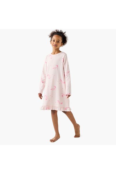 Juniors Unicorn Print Long Sleeves Sleepdress with Ruffle Detail Hem