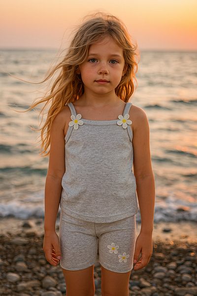 CiciTime Çocuk Modası Girl's Daisy Embroidered Strap Shorts Summer Bottom Top Set