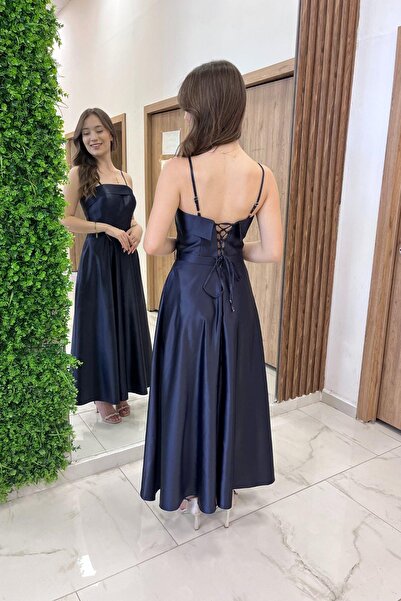 By Saygı Women's Thin Strap Lined Pocket Midi Satin Dress