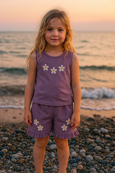 CiciTime Çocuk Modası Girl's Daisy Embroidered Strap Shorts Summer Bottom Top Set