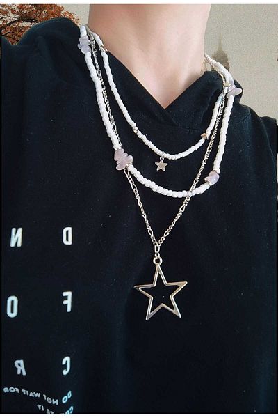 MYSTERY TAKI AKSESUAR Natural Stone Star Necklace Silver Triple