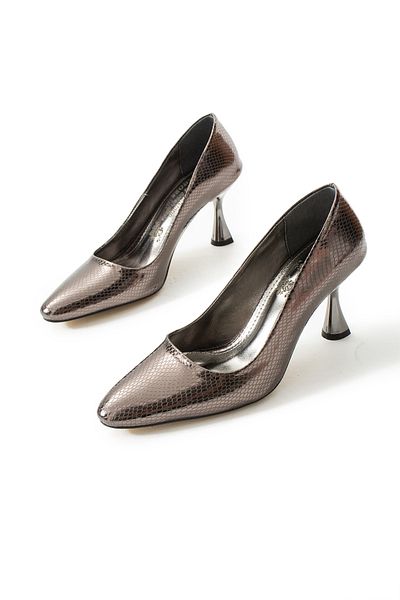 Güllü Shoes Metallic Smoked Snakeskin Patterned Thin Heeled Stiletto Stylish Comfortable Vegan Leather Women's Heeled Shoes