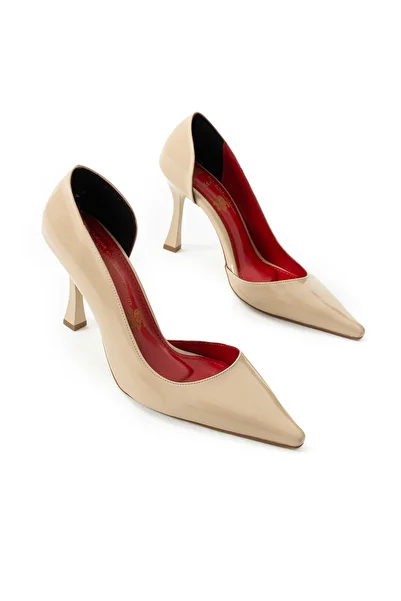Güllü Shoes Beige Nude Patent Leather Pointed Toe Classic Stiletto |   Thin Heeled Stylish Office and Evening Dress Women's Shoes