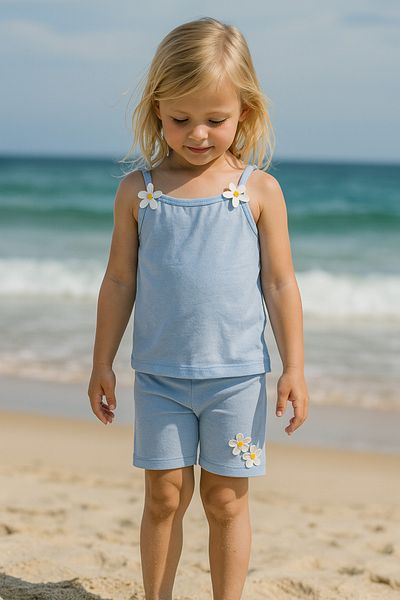 CiciTime Çocuk Modası Girl's Daisy Embroidered Strap Shorts Summer Bottom Top Set