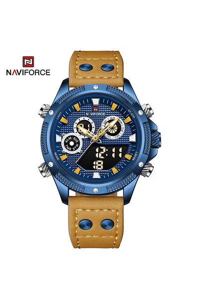 Naviforce Men's Chronograph Digital Analog Sport Watch Blue Dial Leather Strap Waterproof with Alarm