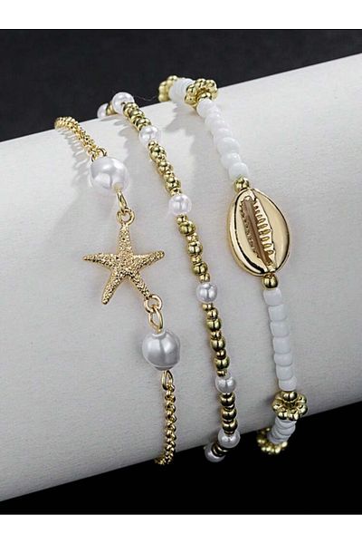 La Saade La Perla D'Oro- Bohemian Starfish Triple Anklet with Pearl and Shell Detail