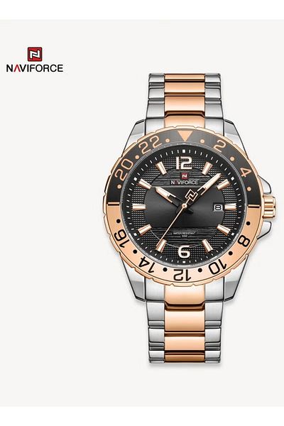 Naviforce Mens Sport Watch Two Tone Stainless Steel Band Analog Quartz Movement Rotating Bezel