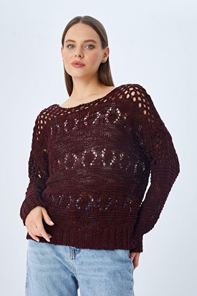 Mixray 6859 Γυναικείο γιακά Σκάφος Ανοιξιάτικο Πλεκτό Πουλόβερ Claret Red