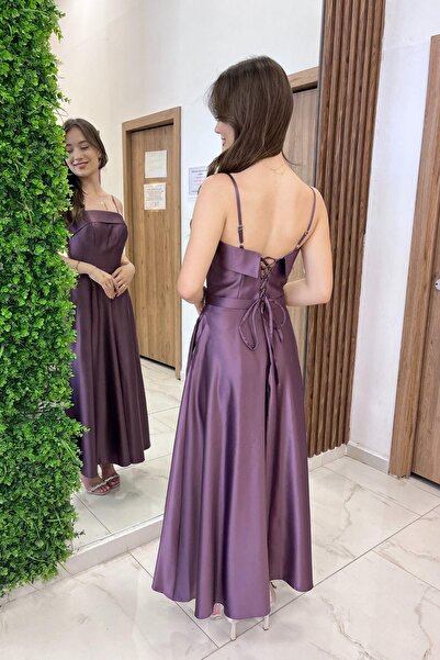 By Saygı Women's Thin Strap Lined Pocket Midi Satin Dress