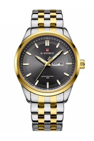 Naviforce Stylish Mens Quartz Watch with Black Dial Two Tone Stainless Steel Strap Analog Display