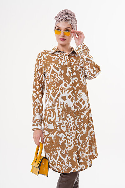 Polologin Butik تونيك بني وأبيض منقوش