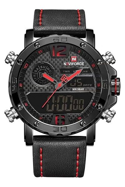 Naviforce Mens Waterproof Sport Watches Leather Digital Analog Watch Luxury Casual Dual Time Wristwatch