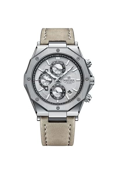 Naviforce Mens Chronograph Watch White Dial Silver Bezel Leather Strap Water Resistant