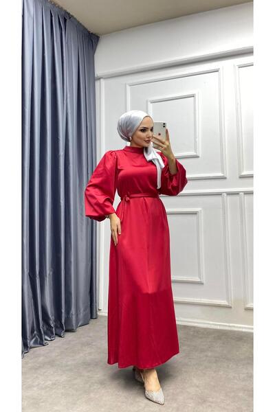 dubai showroom Balon Kol Saten Elbise Kırmızı