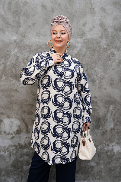 Polologin Butik Tunica crem cu model cerc în albastru marin