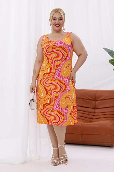 Madwilo Women's Orange Pink Marbling Pattern Strap Plus Size Dress