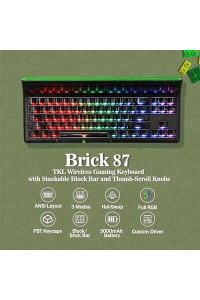 Epomaker لوحة مفاتيح ميكانيكية Brick 87 ثلاثية الوضع TKL مع شريط كتلة قابل للتكديس ومقابض تمرير الإبهام، لون ساخن