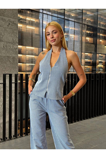 hazelin Bluză cu fermoar în față cu dungi Indigo pentru femei, pantaloni, set din două piese HZL25S-ZK13691