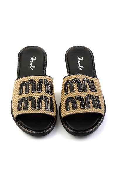 Bambi Beige Black Leather Women's Slippers K04073102128