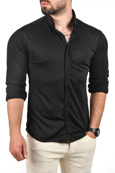 DeepSEA Men's Black Slim Fit Slim Fit Cotton Sports Shirt Jacquard Fabric Lycra Shirt 2500552