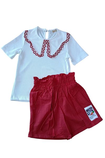 Kamex Lace Collar T-Shirt & Lace Armor Detail Girl's Shorts Set