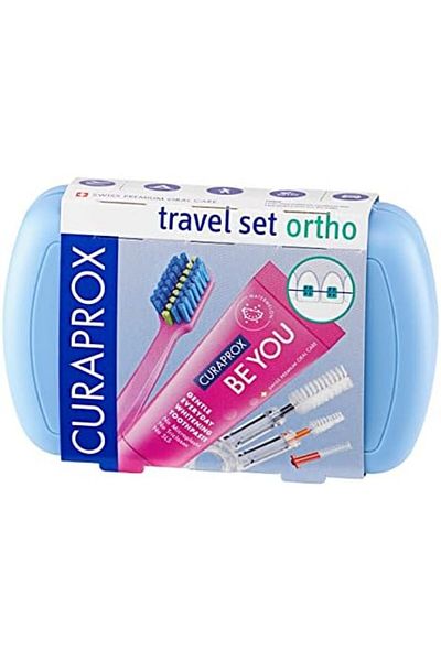 Curaprox Travel Set Ortho Blue I Includes CS 5460 Travel Toothbrush, 10ml Be You Toothpaste, CPS Pri