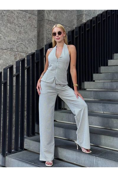 hazelin Women's Mink Striped Front Zipper Blouse Pants Double Suit Hzl25S-Zk13691