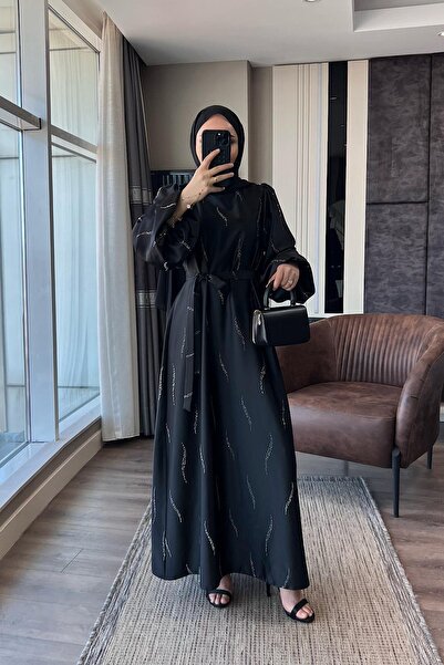 dubai showroom Üzeri Taş Detay Saten Elbise Siyah