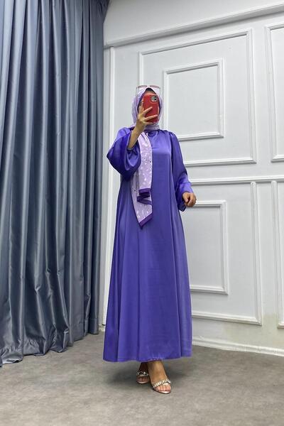 dubai showroom Balon Kol Saten Elbise Lila