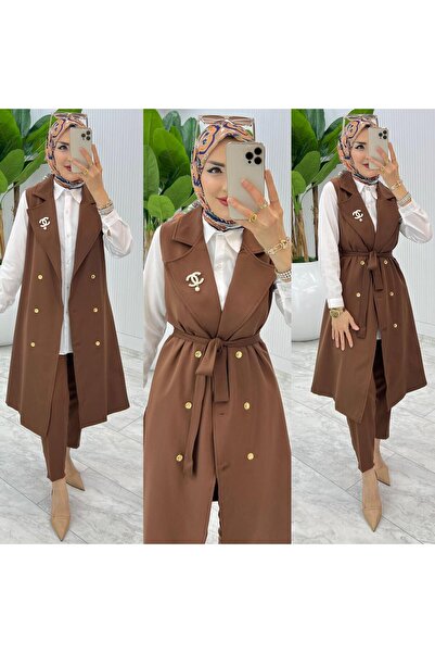 MB MODABERARDİ Duble Krep Kumaştan Düğmeli Yelek ve Pantolonlu Kadın İkili Takım