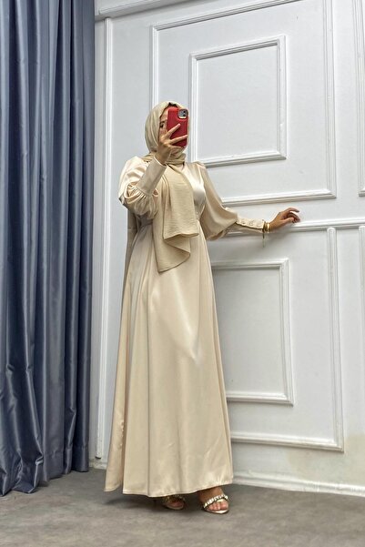 dubai showroom Kol Düğme Detay Saten Elbise Bej