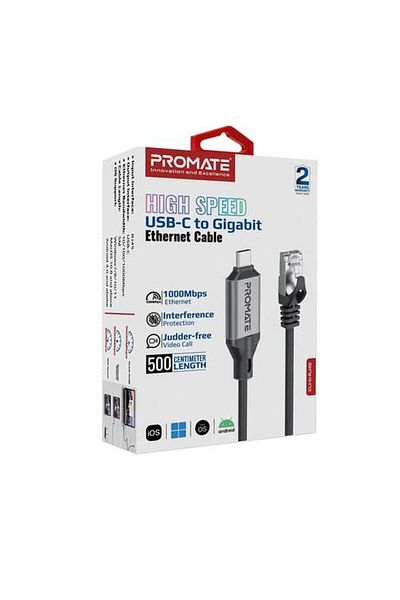 Promate Best 1000Mbps USB-C to RJ45 Ethernet Cable, 5 Meters, Made of Aluminum Alloy
