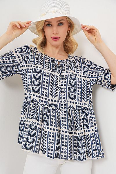 Bigdart Women's Patterned Short Sleeve Blouse 969 - Indigo