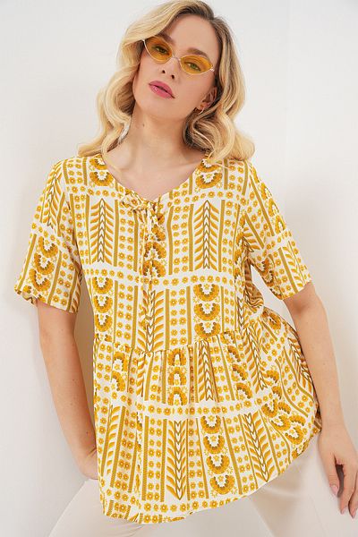 Bigdart Women's Patterned Short Sleeve Blouse 969 - Yellow