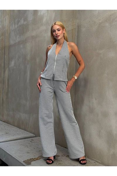 hazelin Women's Black Striped Front Zipper Blouse Pants Double Suit Hzl25S-Zk13691