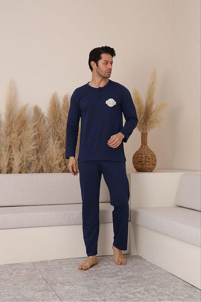 FENZO Men's Cotton Navy Blue Printed Pajama Set with Bottom and Top