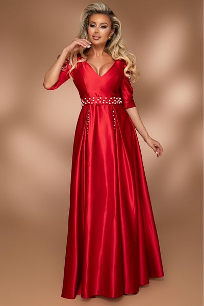 Atmosphere Fashion Long red dress with pearls
