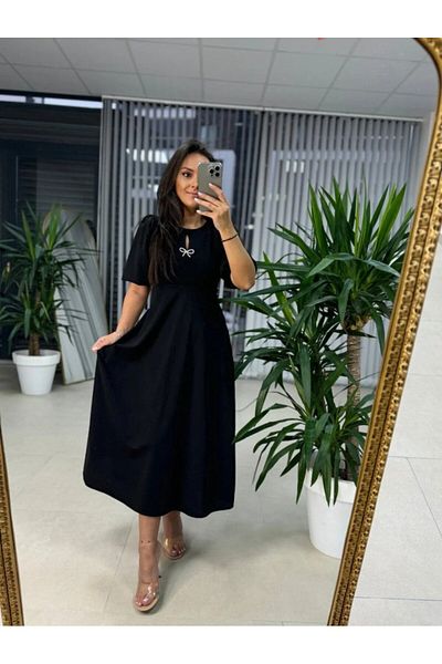 Moda Asmira Women's Short Sleeve Crew Neck Bow Brooch Midi Janjan Crepe Dress