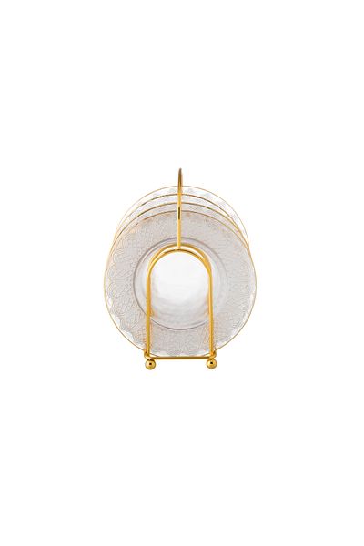 Dania Set of 6 Dessert Glass Plates with Metal Stand, Plate Size 15 cm